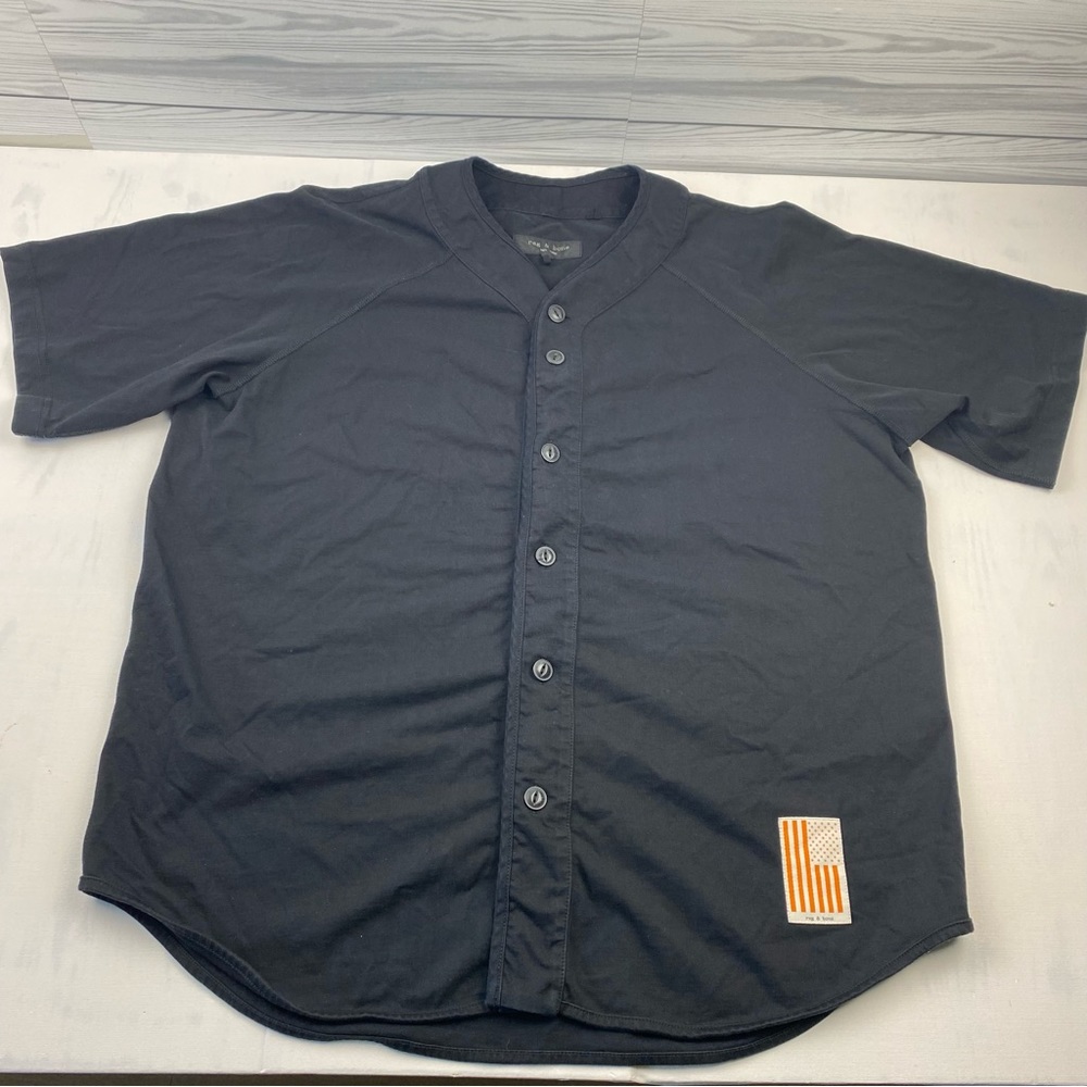 Rag & Bone Mens XL Button Up Shirt Collarless Black Made In USA Flag Patch.